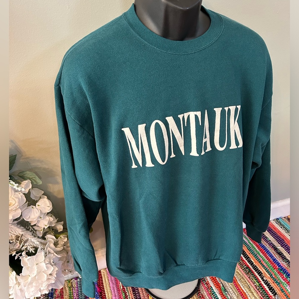80s Montauk Puff Print Crewneck Sweatshirt Teal Green Jerzees Vintage XL - Picture 4 of 6